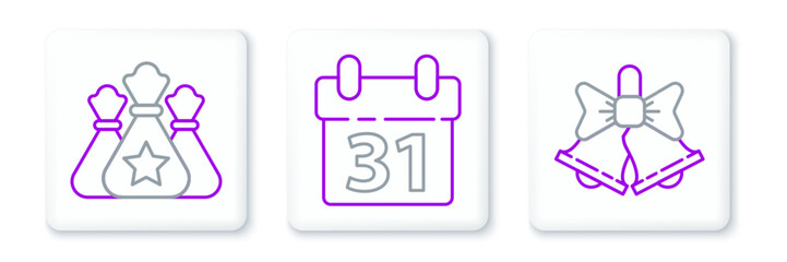 Set line Merry Christmas ringing bell, Santa Claus bag gift and Calendar icon. Vector