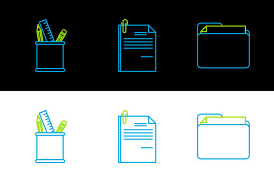 Set line Document folder, Pencil case stationery and File document and paper clip icon. Vector