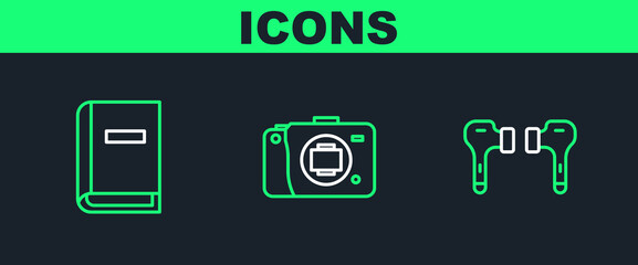 Set line Air headphones, User manual and Mirrorless camera icon. Vector