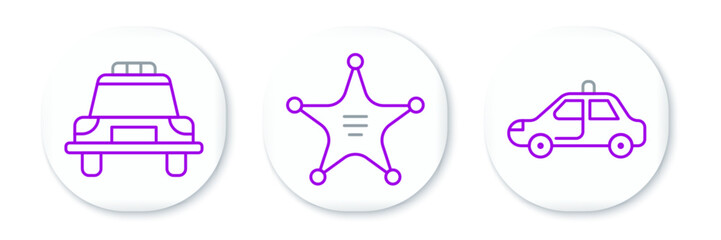 Set line Police car and flasher, and Hexagram sheriff icon. Vector
