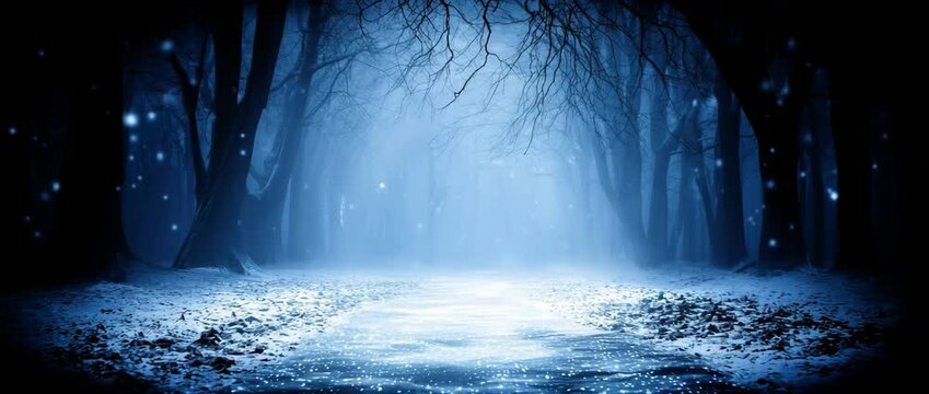Winter forest background with snow and mist in cold enchanted woodland, winter forest background animation for nature themes and fairytale motion content