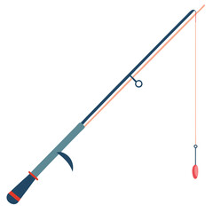 Fishing Rod with Bobber Isolated on Orange Background Flat Vector Illustration
