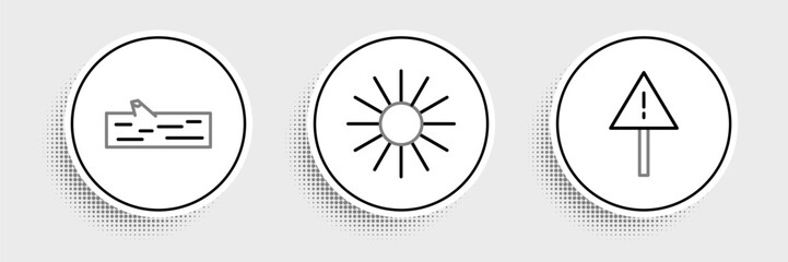 Set line Exclamation mark in triangle, Wooden log and Sun icon. Vector