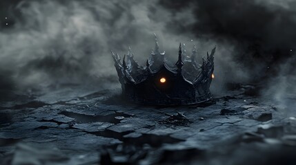 Dark gothic crown wrapped in black mist with glowing eyes hovering over cracked stone ruins in a moody light