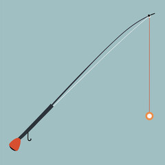 Fishing Rod with Bobber Isolated on Orange Background Flat Vector Illustration

