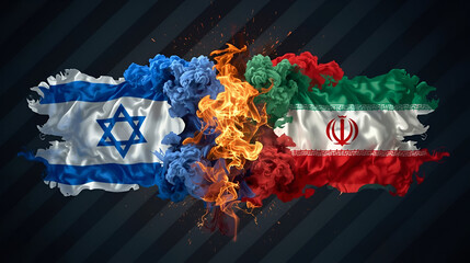 Israel and Iran flags shown as swirling smoke with bold emblems. A fiery explosion bursts between them. Dark diagonal lines in background add motion. Vibrant colors highlight tension.

