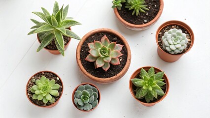 Top view of assorted succulents in small terracotta pots on a clean white table 