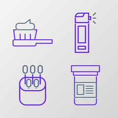 Set line Medicine bottle, Cotton swab for ears, Bottle with nozzle spray and Toothbrush toothpaste icon. Vector