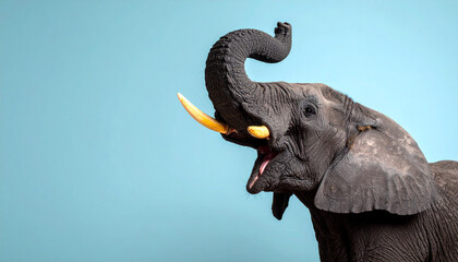 Generated image Funny black elephant holds a yellow in its paws and screams on a blue background