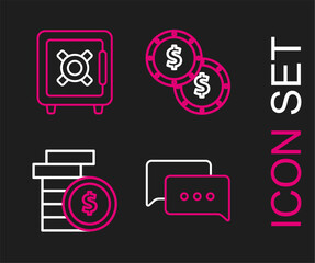 Set line Speech bubble chat, Coin money with dollar symbol, and Safe icon. Vector