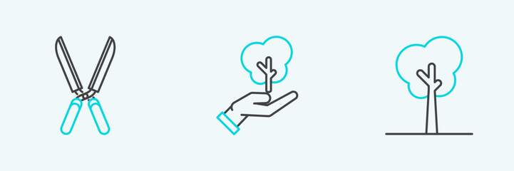 Set line Tree, Gardening handmade scissors for trimming and of environmental protection icon. Vector