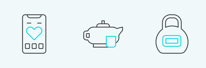 Set line Kettlebell, Mobile with heart rate and Teapot cup icon. Vector