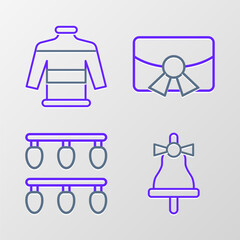 Set line Merry Christmas ringing bell, lights, postcard and sweater icon. Vector