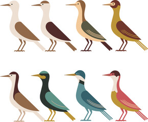 Fototapeta premium Collection of stylized birds in various colors and designs illustrating nature and wildlife diversity