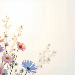 Pastel wildflowers in soft watercolor style on bright white background with copy space, representing gentle seasonal elegance