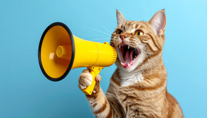 Generated image Funny red cat holds a yellow loudspeaker in its paws and screams on a blue background