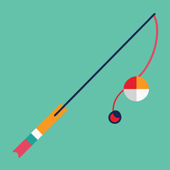 Fishing Rod with Bobber Isolated on Orange Background Flat Vector Illustration
