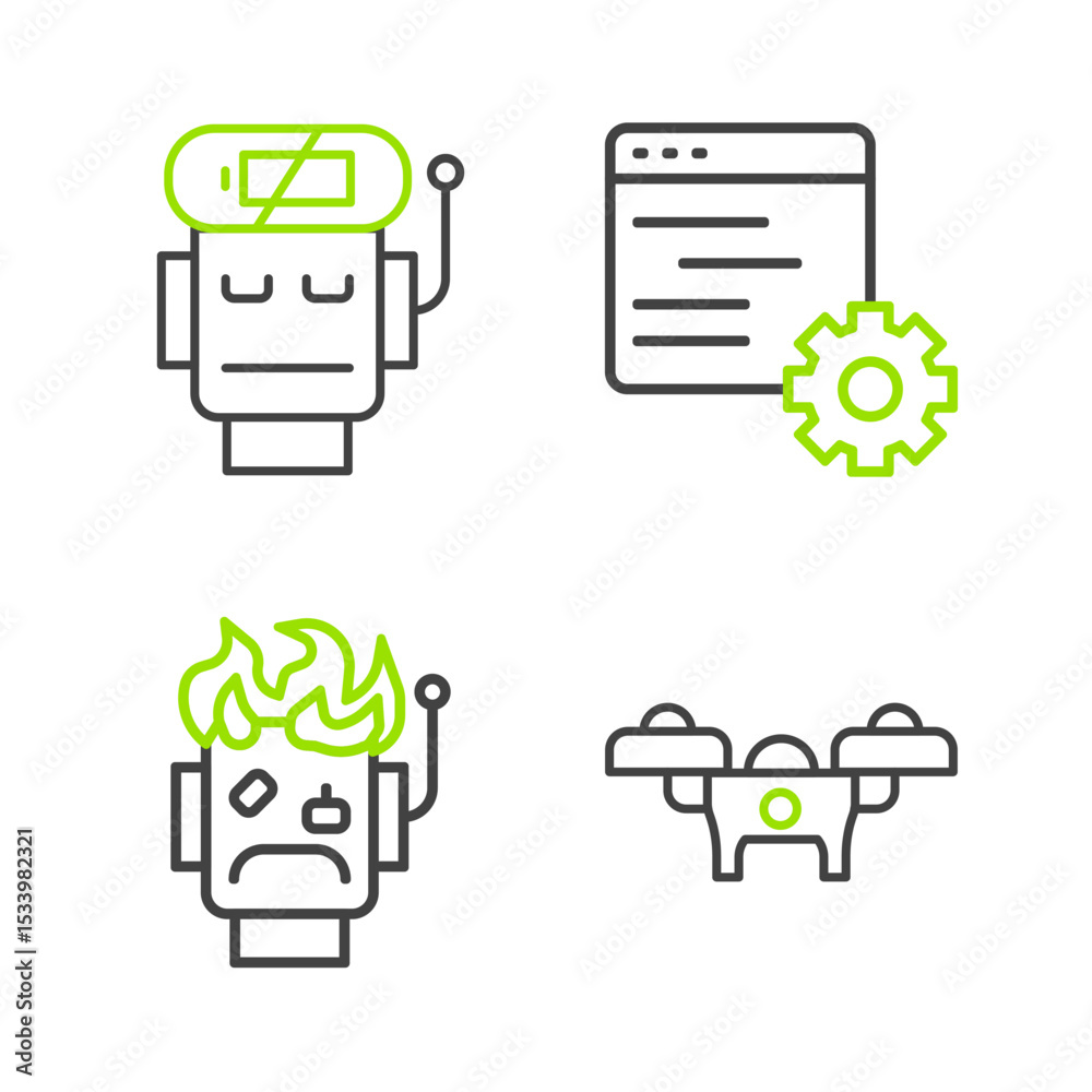 Poster set line drone, robot burned out, computer api interface and low battery charge icon. vector