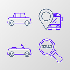 Set line Magnifying glass and taxi car, Car, Location with bus and icon. Vector