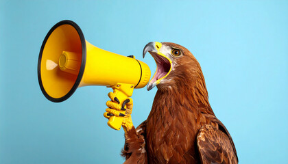 Generated image Funny red eagl holds a yellow loudspeaker in its paws and screams on a blue backgroun