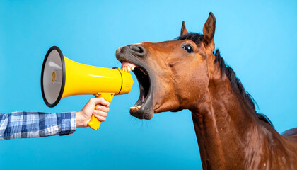 Generated image Funny red horse holds a yellow loudspeaker in its paws and screams 