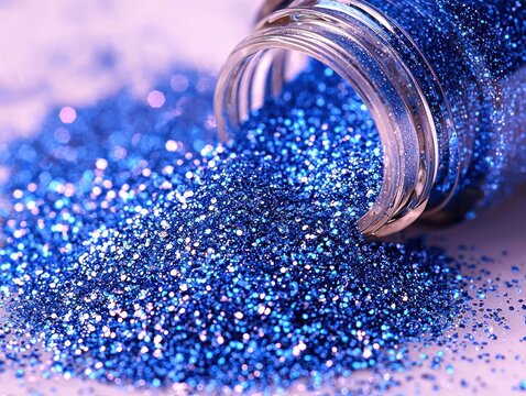 Blue glitter spills from jar