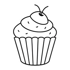 Minimal Cupcake with Topping Line Art in Black and White Vector