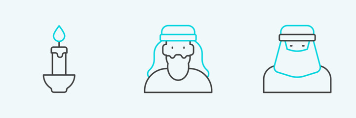 Set line Muslim woman in niqab, Burning candle and icon. Vector