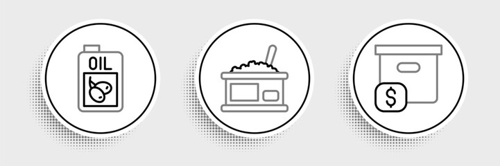 Set line Carton cardboard box with price, Bottle of olive oil and Tin can caviar icon. Vector