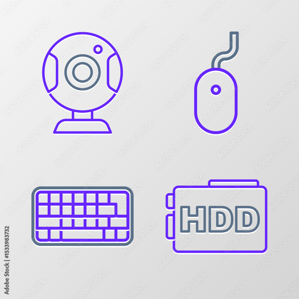 Poster set line hard disk drive hdd, keyboard, computer mouse and web camera icon. vector
