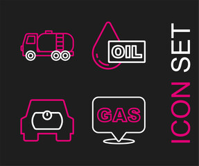 Set line Location and gas station, Gas tank for vehicle, Oil drop and Tanker truck icon. Vector