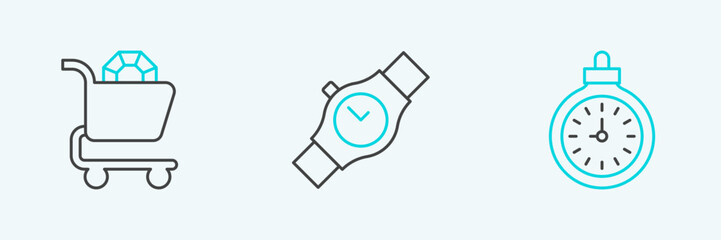 Set line Pocket watch, Jewelry online shopping and Wrist icon. Vector