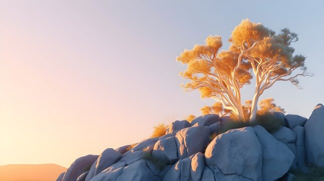 Golden-hued trees bask in the warm glow of the setting sun atop a pile of large, rounded rocks. The scene exudes tranquility and serenity, with soft pastels creating a gentle, dream-like atmosphere.