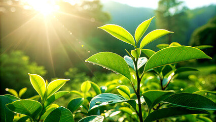 Obraz premium Sunflare reflections on waxy leaves for healthy planet concept