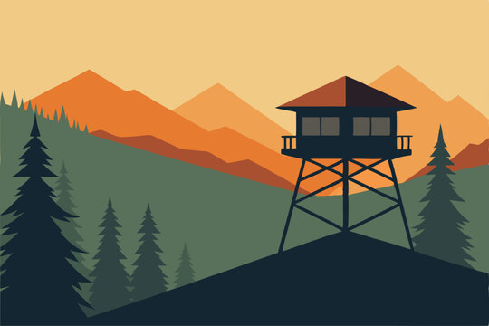 Fire lookout tower, mountain landscape, forest scenery, vector illustration