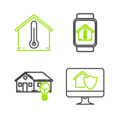 Obraz premium Set line Computer monitor with house under protection, Smart and light bulb, watch temperature and House icon. Vector