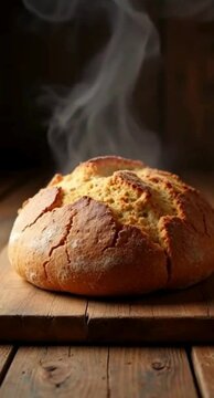 Steaming Hot Boule Bread on Wooden Cutting Board