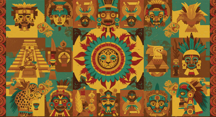 A flat and colorful geometric design inspired by Aztec civilization