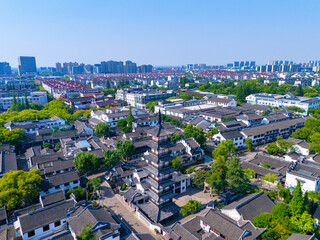 Aerial view of urban scenery in the suburbs on sunny day, Traditional ancient architecture, Shanghai.