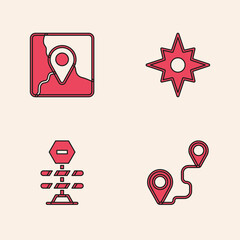 Set Route location, Folded map with marker, Wind rose and Road barrier icon. Vector