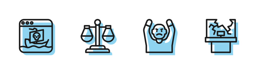 Set line Thief surrendering hands up, Internet piracy, Scales of justice and Broken window icon. Vector