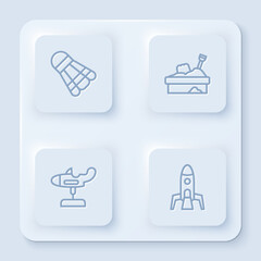Set line Badminton shuttlecock, Sandbox with sand, Swing plane and Rocket ship. White square button. Vector