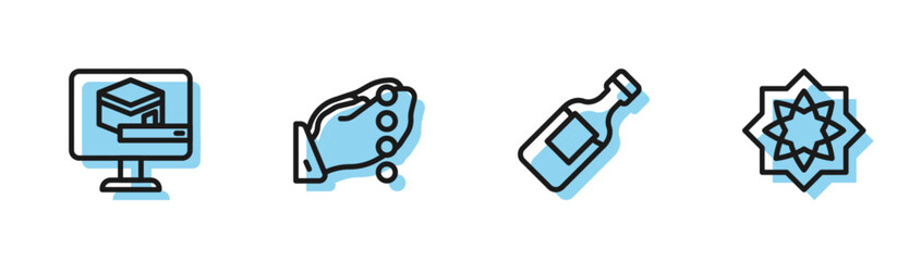 Set line Bottle of water, Kaaba mosque, Hands in praying position and Octagonal star icon. Vector