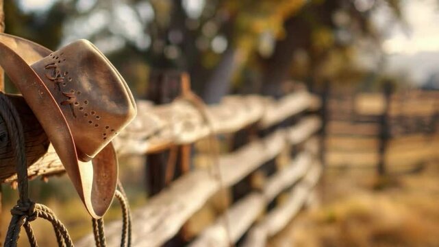 Video with panoramic view of a wooden fence and an old cowboy hat hanging on it. Useful for creating a Wild West atmosphere in advertisements, movies and presentations.
