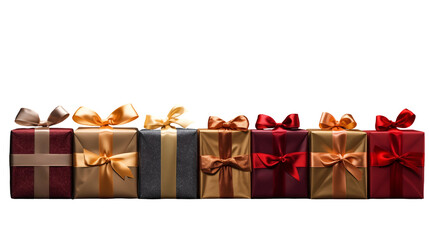 Gift boxes with gold ribbons, festive holiday presents, dark background, shiny red-black luxury, isolated on transparent background.