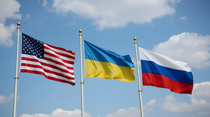 USA, Ukraine, and Russia flags wave on silver flagpoles with gold tops against a blue sky with clouds. Flags flutter in wind, showing color, movement, and national pride.

