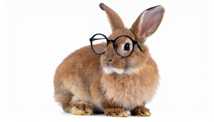 Generated image Red-brown cute rabbit wearing glasses sitting isolated on white background.