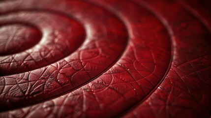 Circular embossed stitched leather in burgundy, with artistic pattern.
