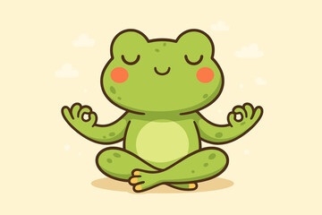 Cute frog meditating in lotus yoga pose. Zen cartoon character practicing mindfulness for calm and relaxation. Spiritual concept for peace, mental health and balance. Kawaii vector.