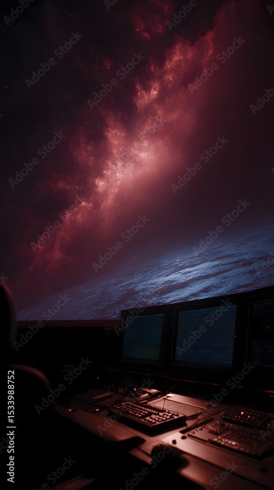 Wall mural control desk displaying rotating exoplanets in deep space